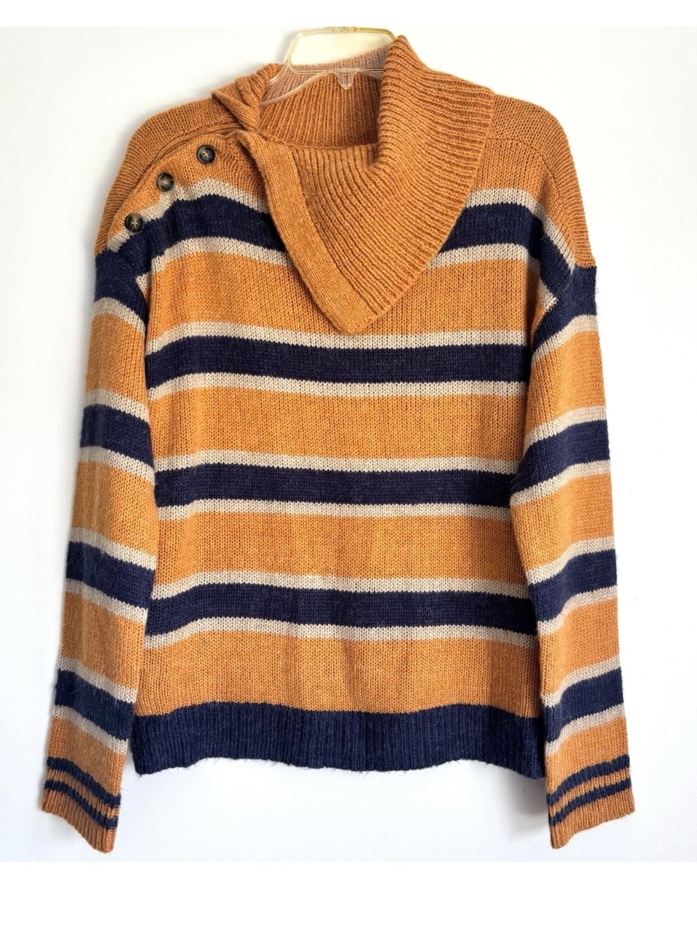 Hem & Thread Blue Yellow Striped Shawl Collar Pullover Sweater Size M